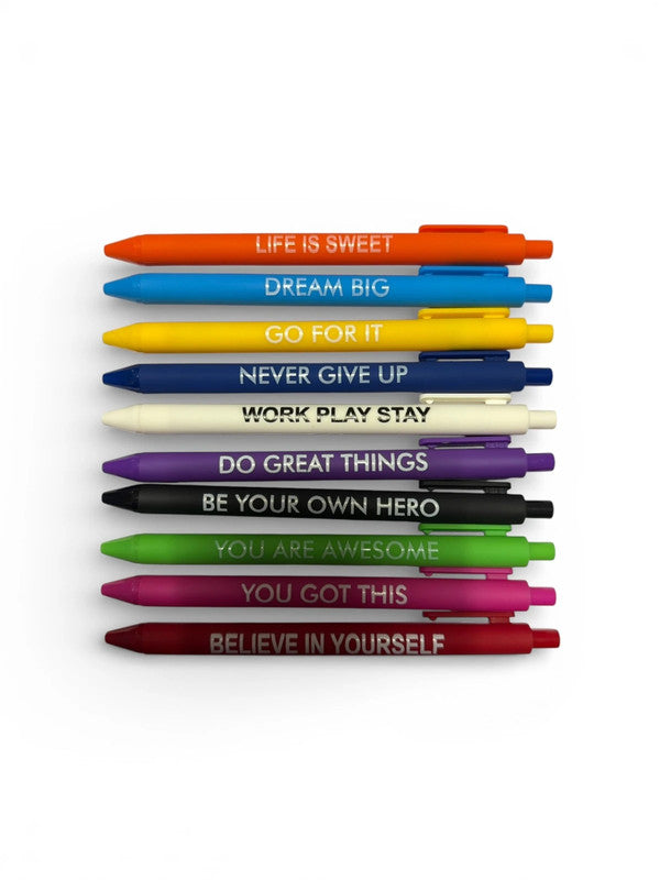Set of positive quote bold pens x 10 - retractable ballpoint pens