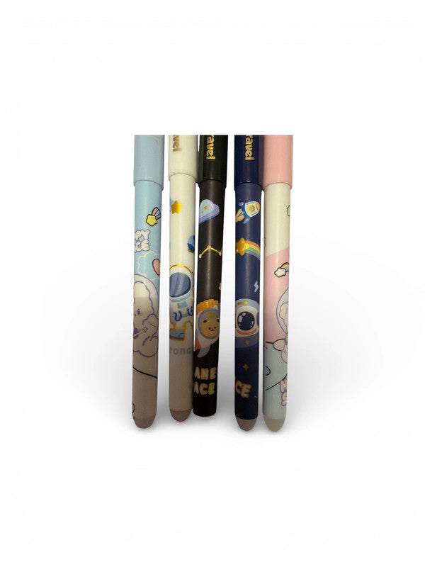 Set of 5 x erasable blue ink gel pens - space travel / cartoon