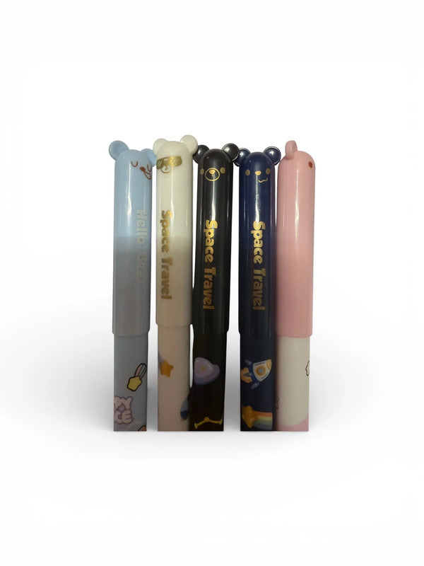 Set of 5 x erasable blue ink gel pens - space travel / cartoon