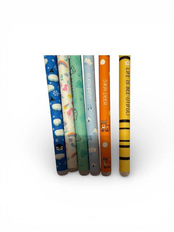 Set of 6 x erasable gel pens - animals - black and red ink