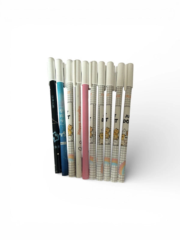 Set of 10 fine line erasable gel pens - blue ink - various cartoon design
