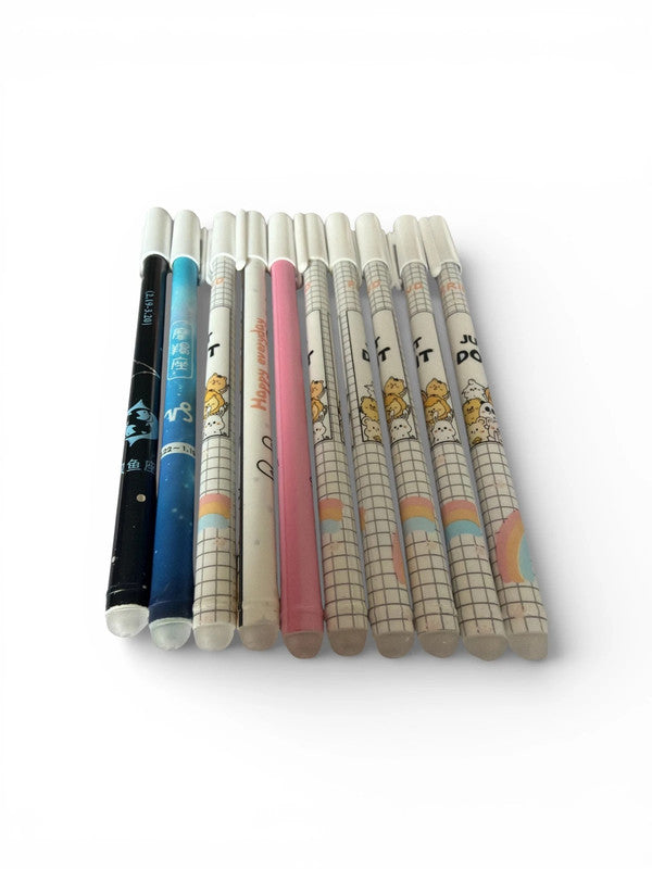 Set of 10 fine line erasable gel pens - blue ink - various cartoon design