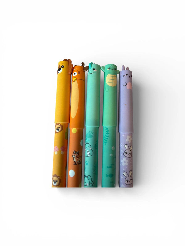 Set of 5 x animal erasable blue ink pens
