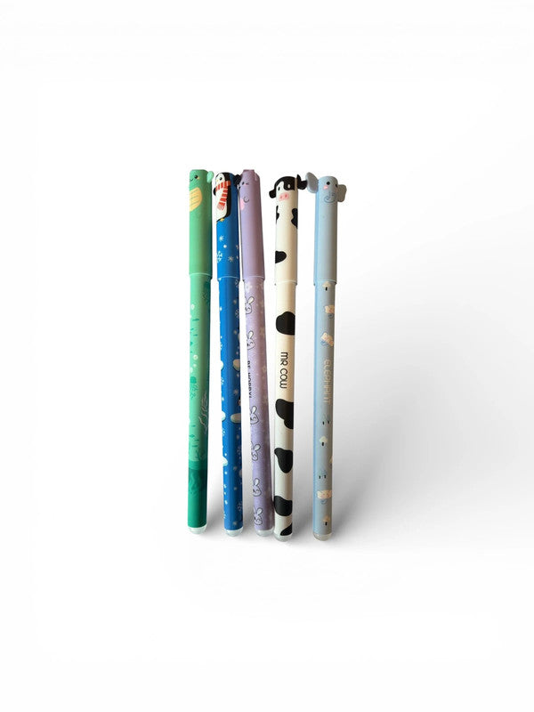 Set of 5 x erasable gel pens with blue ink - animals -