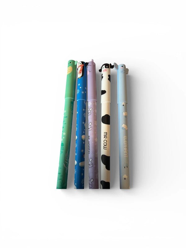 Set of 5 x erasable gel pens with blue ink - animals -