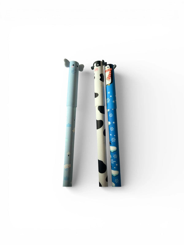 Set of 3 erasable gel pens - blue ink - animals