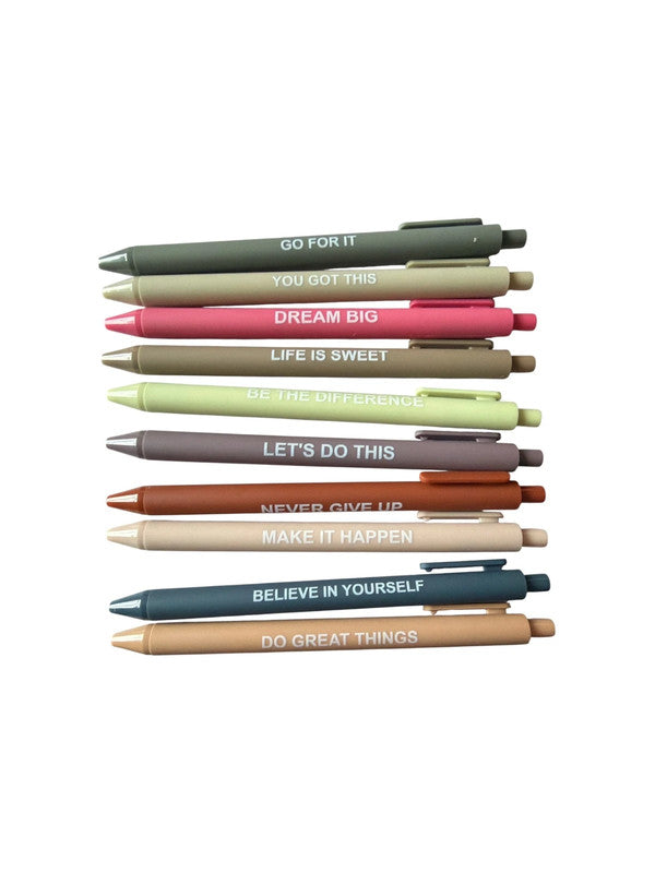 Set of 10 bold positivity slogan ballpoint gel pens - Black ink